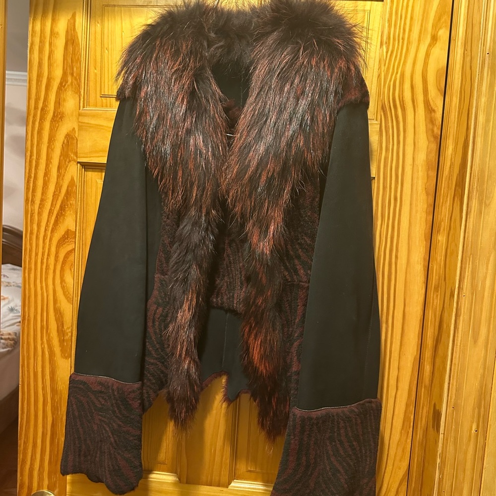 Womens Black Jacket with Burgundy Faux-Fur Trim